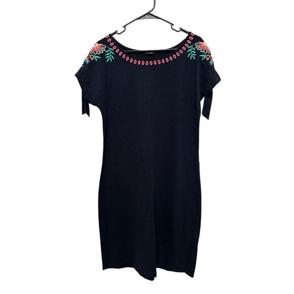 Talbots Navy Blue Embroidered Short Tie Sleeve Cotton Shift Dress LPetite - Picture 1 of 5